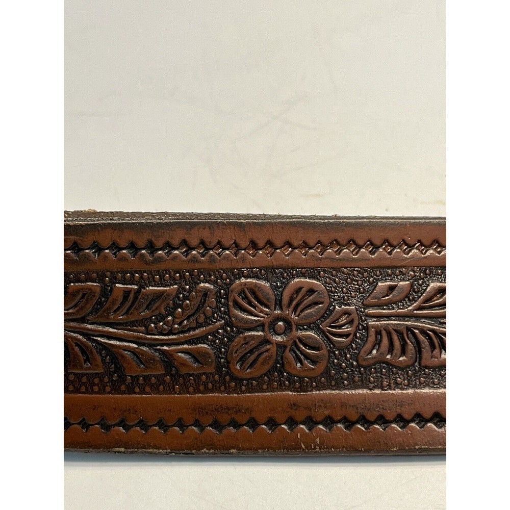 Vintage Brown Floral Embossed Leather Belt w Phoenix Bird Belt Buckle Marked 38 - Picture 9 of 14